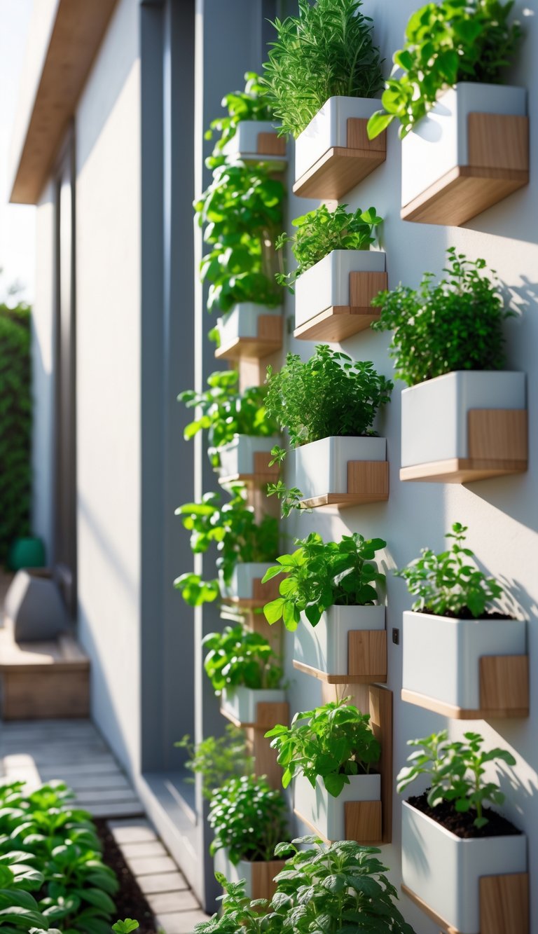 A variety of vertical herb gardens with green plants growing in narrow planters arranged along an outdoor wall.
